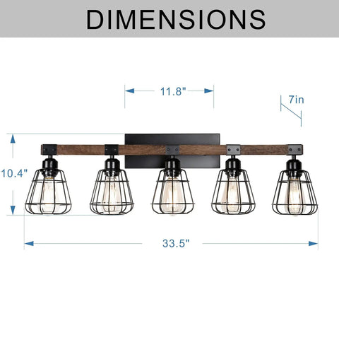 Five Light Farmhouse Vanity Light With Black Wood And Metal Cage For Bathroom Over Mirror, industrial style dimensions
