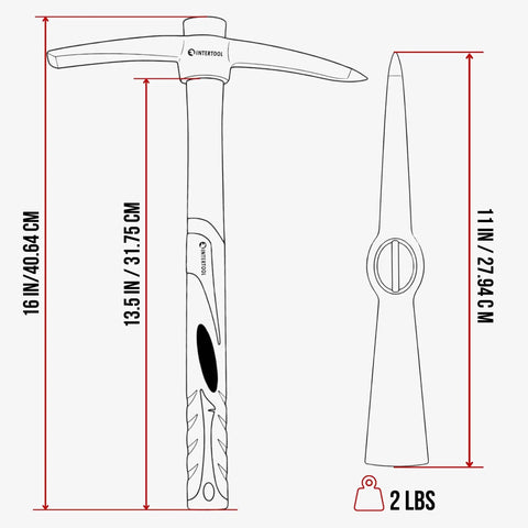Diagram of Heavy Duty 15 Inch Hand Pick Axe With Forged Steel Dual Head For Weeding Mattock And Adze Hoe 1.5 Lb showing dimensions