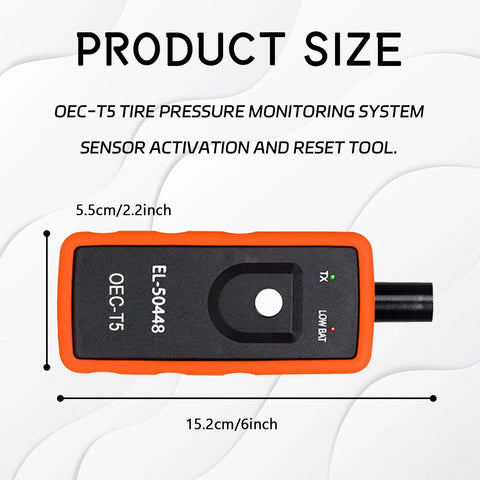 TPMS Relearn Tool For GM Tire Sensor And TPMS System Relearn Kit Reset Programming Device with Pro Grade High Sensitivity Chip, shown in black and orange casing, size 5.5cm by 15.2cm.