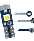 Close-up of T5 LED bulb showing 3030 LED chipset, resistance device, and T5 interface. Upgrade Your Ride With T5 74 73 37 2721 LED Bulbs For Auto Dash Instrument Panel Gauge Cluster Indicator Lights White 12V Plug And Play Daytime Brightness So You Can See Your Dash Like A Pro