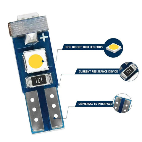 Close-up of T5 LED bulb showing 3030 LED chipset, resistance device, and T5 interface. Upgrade Your Ride With T5 74 73 37 2721 LED Bulbs For Auto Dash Instrument Panel Gauge Cluster Indicator Lights White 12V Plug And Play Daytime Brightness So You Can See Your Dash Like A Pro