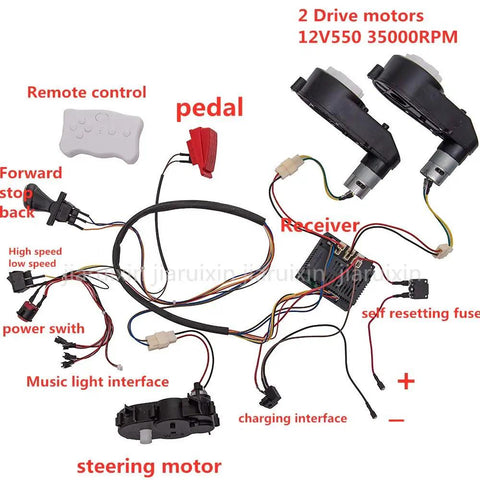 12V Ride On Car DIY Conversion Kit With Remote Control Circuit Board Wiring Harnesses High Low Speed Switches Gearbox Motors