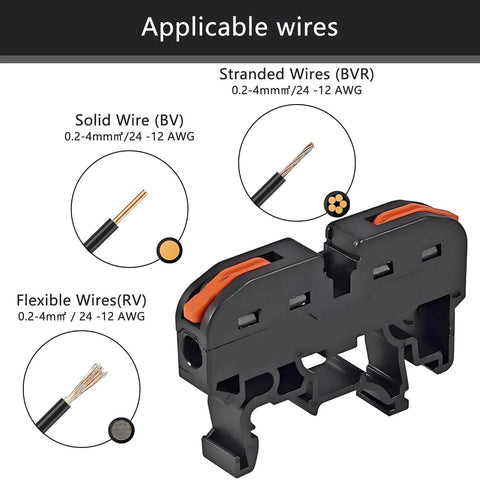 Image of Heavy Duty DIN Rail Terminal Blocks Kit, showing wire compatibility with 24-12 AWG solid, stranded, and flexible wires.