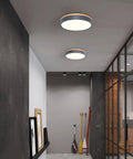 Dimmable Wood Oak Ceiling Light Fixture In Modern Gray LED Flush Mount With 5CCT Circular Minimalist Design in a hallway