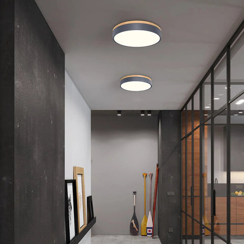 Dimmable Wood Oak Ceiling Light Fixture In Modern Gray LED Flush Mount With 5CCT Circular Minimalist Design in a hallway