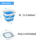 Blue 2 Pack Collapsible Buckets 5L 1.3 Gallon Portable Cleaning Bins dimensions showing folded and open sizes.