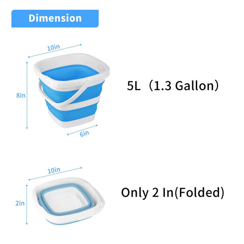 Blue 2 Pack Collapsible Buckets 5L 1.3 Gallon Portable Cleaning Bins dimensions showing folded and open sizes.