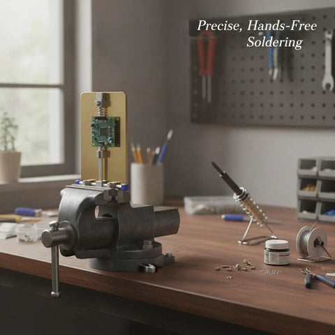 Gold Iron PCB Clamp For Electronics Repair And Soldering, Handy Workbench Holder in use securing small PCB for soldering