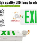 Two Pack Green LED Exit Sign With Emergency Lights And Battery Backup, Adjustable Head Lamps shown with 360° rotation.