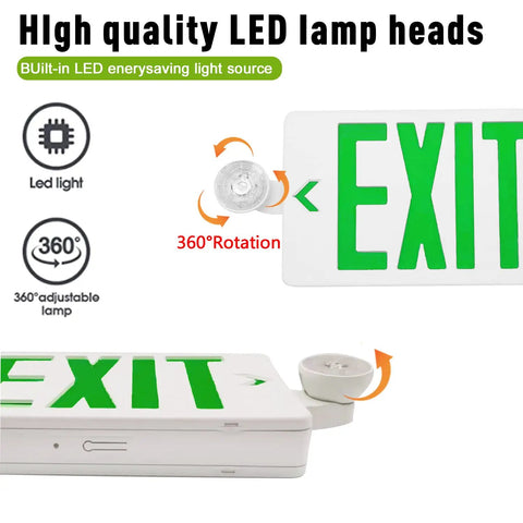 Two Pack Green LED Exit Sign With Emergency Lights And Battery Backup, Adjustable Head Lamps shown with 360° rotation.