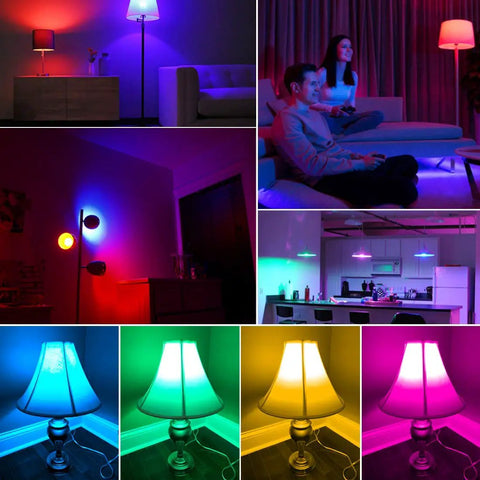 Rgb Led Color Changing Bulb With Remote Control Dimmable 5W 500LM E26 Base Decorative Flood Light setup in various rooms showing color changes