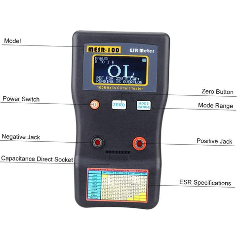 Pro Grade Capacitor ESR And Ohm Meter V2 With Auto Ranging 0.001 To 100.0 Ohms, SMD Test Clip, labeled components, circuit tester