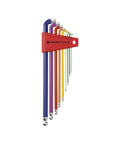Long Ball End Hex Wrench Set With Stubby Tips And 100 Degree Angle For Extra Knuckle Room Metric 1.5 To 10 Mm In Holder Each Wrench A Different Rainbow Color For Quick Identification And Selection