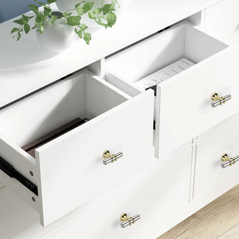 Open white drawers with two tone brushed nickel and gold cabinet knobs set of ten for kitchen cabinets dresser bathroom closets and cupboards made from zinc alloy base and aluminum knobs durable and easy to install