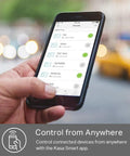 Hand holding smartphone with app controlling Six Smart Outlets Power Strip With Three USB Ports, Surge Protector, Alexa/Google Home.