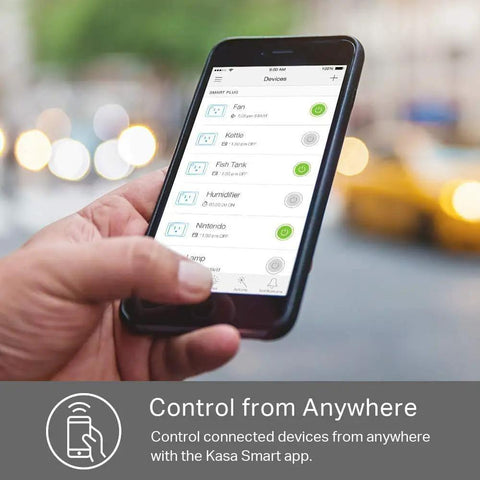 Hand holding smartphone with app controlling Six Smart Outlets Power Strip With Three USB Ports, Surge Protector, Alexa/Google Home.