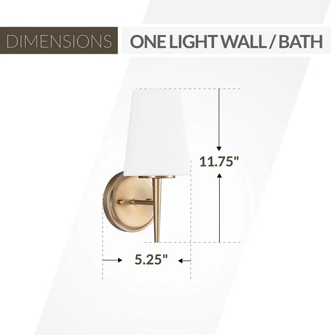 Driscoll One Satin Brass 1 Light Wall Sconce Vanity Fixture dimensions 11.75 inches high, 5.25 inches wide