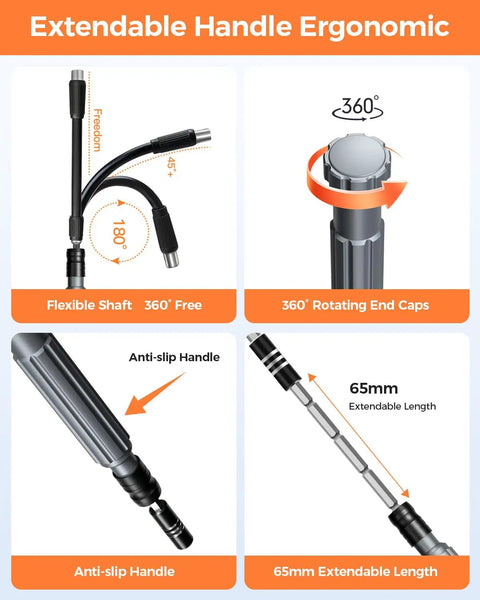 Extendable handle features of Go To 150 In 1 Precision Screwdriver Set For Electronics Repair With 120 Magnetic Bits And Tools Kit in black