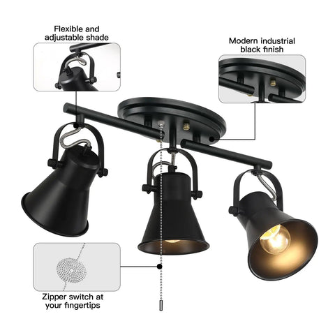 Gold Four Light Track Lighting Kit With Adjustable Heads Flush Mount Ceiling Fixture Set showing black finish and adjustable heads.