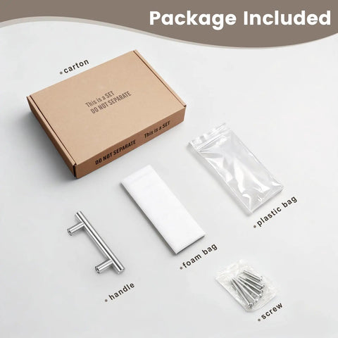 10 Pack 3-1/2 Inch Cabinet Pulls Sleek Stainless Steel Kitchen Cabinet Handles packaging contents including handle and screws