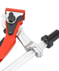 Quick Acting Hold Down Clamp For Woodworking Benches with red ratchet press and silver fixed clip, alloy steel and zinc alloy build.