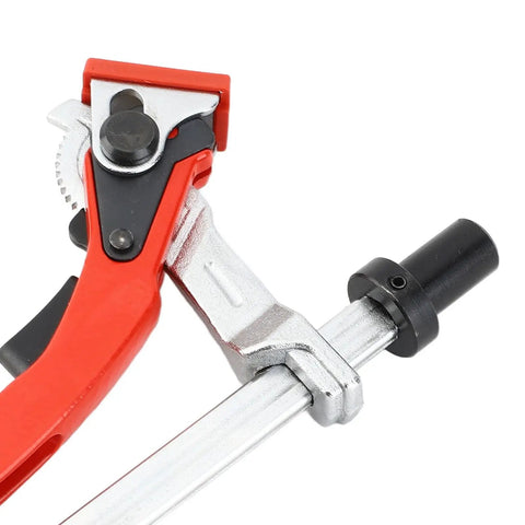 Quick Acting Hold Down Clamp For Woodworking Benches with red ratchet press and silver fixed clip, alloy steel and zinc alloy build.