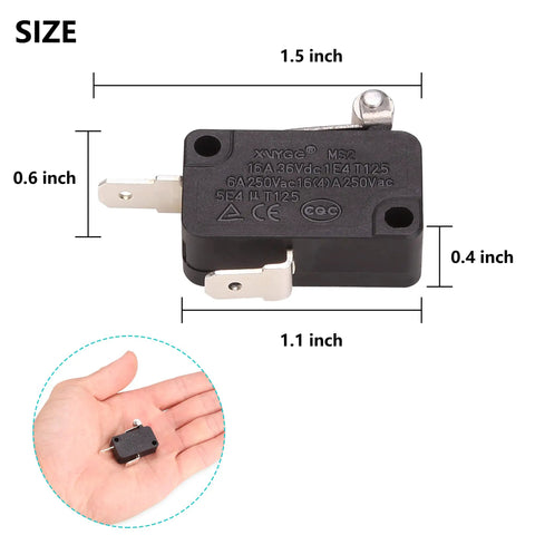 Golf Cart Accelerator Pedal Box Micro Switch For EZGO TXT 1994 Up Replacement 25861G01 shown with dimensions and hand for scale