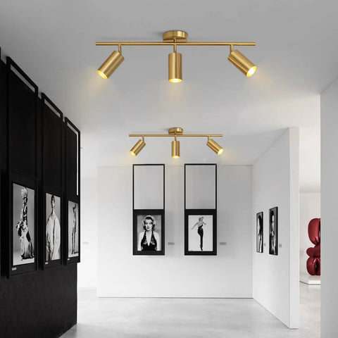 Brushed Brass LED Adjustable Track Lighting Kit With Pivoting Heads, 3 Light Ceiling Spotlight Track System For Kitchen And Living Spaces, Mid Century Modern Flush Mount Fixture For A Lit Ambience