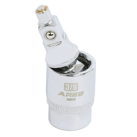 Magnetic 2-Stage Universal Joint Set For One Quarter, Three Eighths, And One Half Inch Drive Sockets - 3-Piece Swivel Adapters With Quick Switch Ball Spring Design, Durable Case, Perfect For Tight Spots And Hard-To-Reach Fasteners. 3/8-inch chrome moly steel swivel adapter close-up