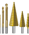 Premium 6Pc Step Drill Bit Set With Titanium Coating For Iron Wood And Metal, Huge Range From 3mm To 32mm To Punch Perfect Holes Like A Boss Without Breaking A Sweat. 6 gold step drill bits with size markings