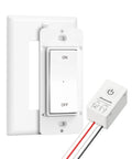Wireless Light Switch And Receiver Kit No Wiring Required 15A Remote Control Wall Switch For Ceiling Lights Fans Lamps 100 Ft RF Range Programmable Easy Plug And Play Setup, shown with wall switch and receiver unit.