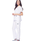 Unisex Medical Scrub Set Featuring V-Neck Top And Straight Leg Pants In Fresh White, Cotton Polyester Blend for nurses in side view.