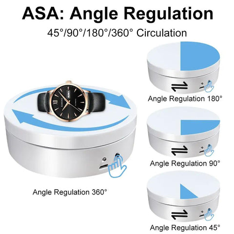 Herxsin Electric Rotating Display Stand 360 Degree Motorized Turntable With Usb Power Cable Showcase For Jewelry Watch Models And Photography Products Smooth Spin White Finish featuring a watch on adjustable angle display.