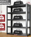 Rock Solid Heavy Duty Garage Shelving Built Like A Tank For Two Thousand Pound Loads Thickened Steel Storage Rack With Two Pegboards Adjustable Five Tier Utility Shelf For Serious Workshop Organization Black, dimensions labeled