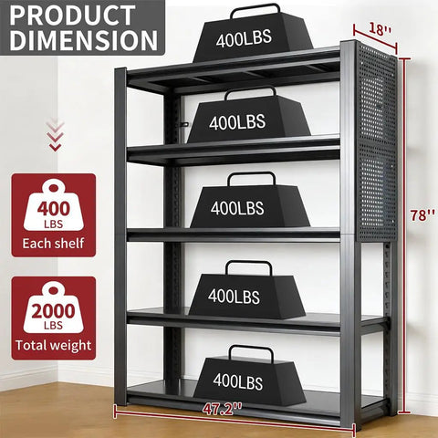Rock Solid Heavy Duty Garage Shelving Built Like A Tank For Two Thousand Pound Loads Thickened Steel Storage Rack With Two Pegboards Adjustable Five Tier Utility Shelf For Serious Workshop Organization Black, dimensions labeled