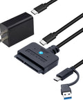 Plug And Play Dual Port USB A And Type C SATA HDD SSD To USB Adapter With 30W Power, UASP 5Gbps High Speed Transfer For Fast Data Recovery, Works With PC Laptop And Mac, Supports 2.5 And 3.5 Inch Drives, 1.6 Foot Cable, black adapter and cables