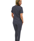 Womens High Waisted Slim Fit Jogger Scrubs For Nurses And Doctors featuring a back view in gray, showcasing 4-way stretch fabric.