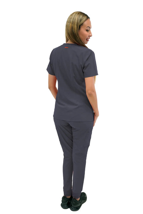 Womens High Waisted Slim Fit Jogger Scrubs For Nurses And Doctors featuring a back view in gray, showcasing 4-way stretch fabric.
