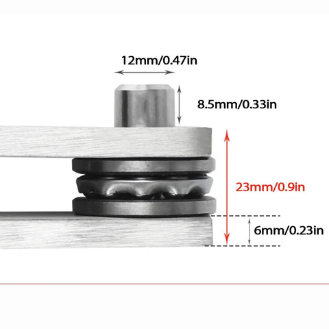 Close-up view of Invisible Door Pivot Hinges 2 Pack Set with Hidden Pivot Hinge System, showing dimensions and stainless steel material.