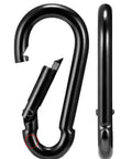 Heavy Duty Bushcraft Carabiner Snap Hooks In Black And Silver Zinc Finish, 90kg 200lb Load, 5cm Quick Connect Gate, side and open view