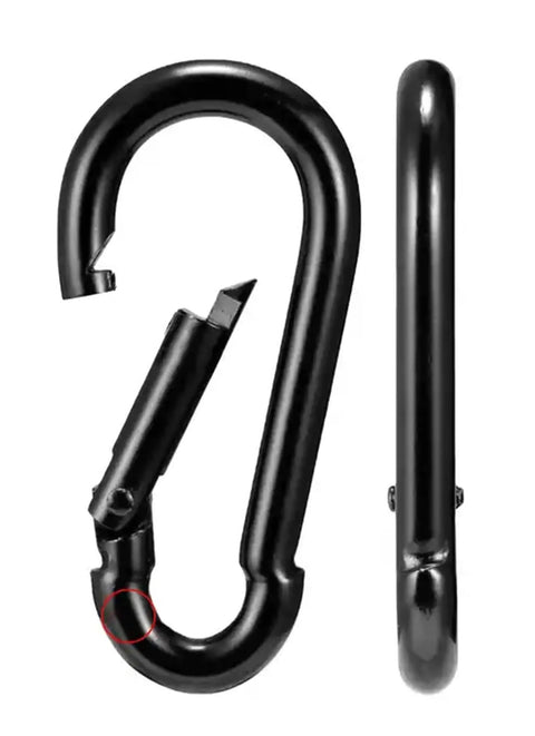 Heavy Duty Bushcraft Carabiner Snap Hooks In Black And Silver Zinc Finish, 90kg 200lb Load, 5cm Quick Connect Gate, side and open view