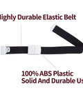 Elastic first-aid tourniquet belt, front view, black strap with white quick-release buckle.