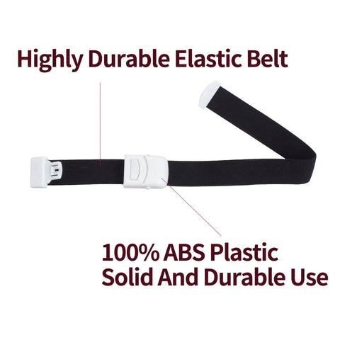 Elastic first-aid tourniquet belt, front view, black strap with white quick-release buckle.