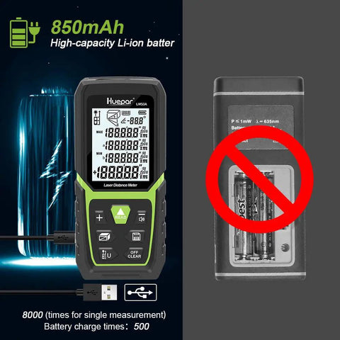 Laser Distance Measure 330 Ft With Li Ion Battery And Electric Angle Sensor Backlit LCD High Accuracy Multi Mode Laser Meter alongside USB charging and battery icons