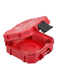 Job Site Ready No Mess Rig 4.5 Inch Grinder Cutoff Wheel Storage Case With Custom Separation Bins For Small Table Miter And Circular Saw Blades Heavy Duty Red Organizer opened showcasing interior.