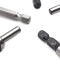 Close-up of a 5-piece countersink drill bit set for wood, metal and plastic; metal bits with 5-flute tips