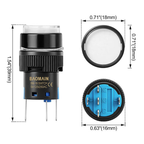 Image of a LED Momentary Push Button Switch 16mm 24V DC With Round Cap, showing dimensions and 5-pin SPDT configuration.