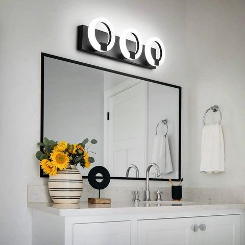 Dimmable Three Light LED Vanity Light For Bathroom Wall Mount Over Mirror In Black Base Dope Modern Metal Fixture With Durable Acrylic Shade Energy Saving 18W LED Humidity Resistant Design Soft Even Glow