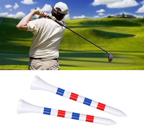 Image of a golfer swinging and two white bamboo tees with red and blue marks. Pro Grade Bamboo Golf Tees 100 Pack Two And Three Quarters Inch Long White Tees With Red And Blue Marks Strong Durable Biodegradable Non Toxic Finish Beast Mode Long Drives.