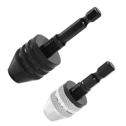 1/4 Inch Hex Shank Keyless Drill Chuck Quick Change Adapter Converter For Impact Drills And Electric Tools, Two Pack, black and silver chucks